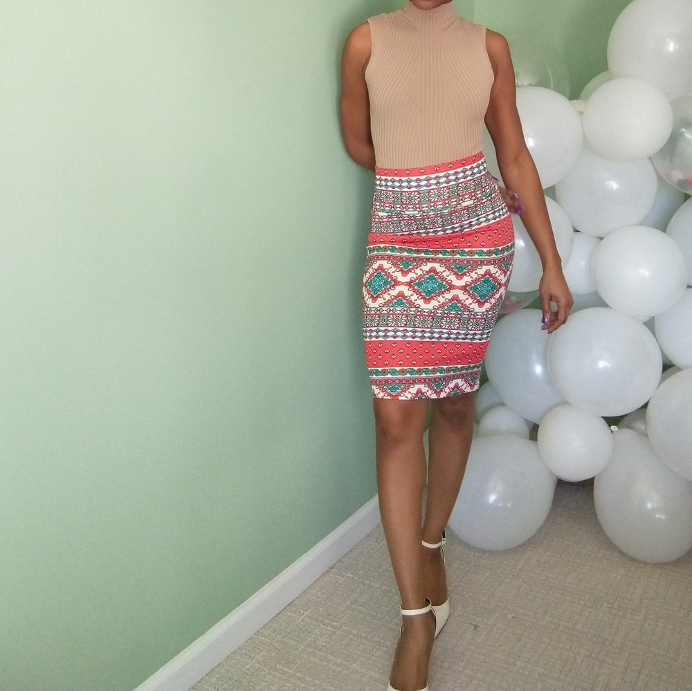 Women's silhouette NYC high-waisted  blue, coral and white printed skirt